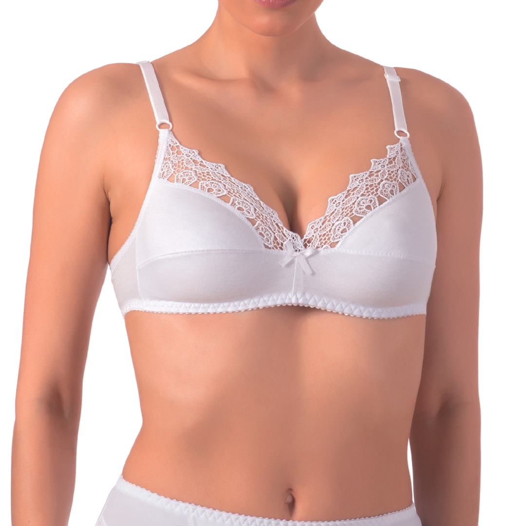 Reggiseno Senza Ferretto Donna Made in Italy in 100% Cotone con Pizzo, Coppa B, Non Imbottito