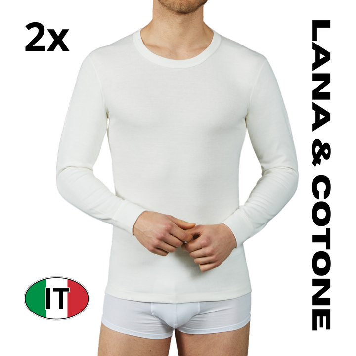 Set 2 Maglie Intime da Uomo in Misto Lana all'Esterno e 100% Cotone sulla Pelle Manica Lunga