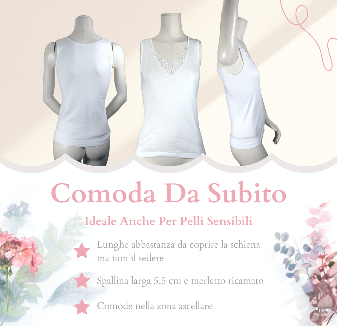 Set 3 Canottiere Intime Donna Made in Italy in Cotone Pettinato 100% con Pizzo Canotta Intima Donna Spalla Larga Canotte Intimo Donna