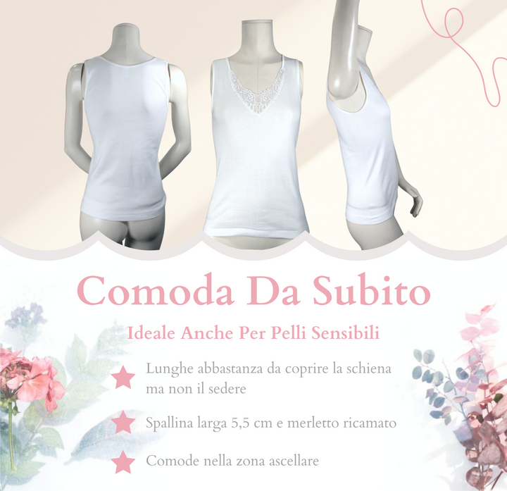 Set 3 Canottiere Intime Donna Made in Italy in Cotone Pettinato 100% con Pizzo Canotta Intima Donna Spalla Larga Canotte Intimo Donna