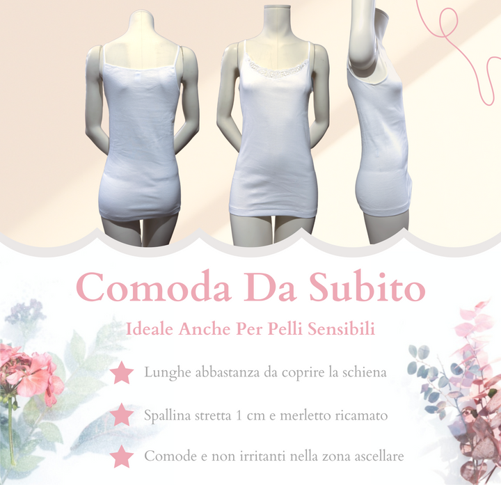 Set 3 Canottiera Intima Donna Spalla Stretta in Pizzo macramè 100% Cotone Pettinato Top Intimo Bianco Canotta Intima Donna Estiva