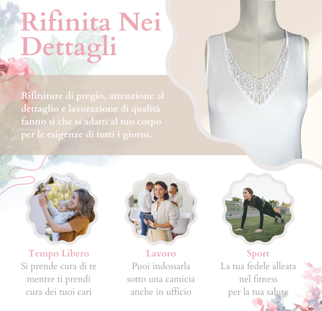 Set 3 Canottiere Intime Donna Made in Italy in Cotone Pettinato 100% con Pizzo Canotta Intima Donna Spalla Larga Canotte Intimo Donna