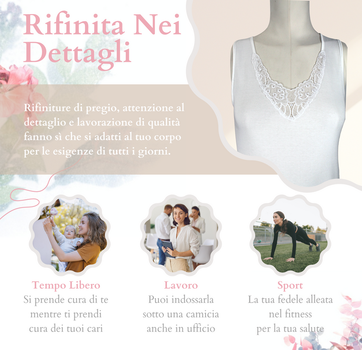 Set 3 Canottiere Intime Donna Made in Italy in Cotone Pettinato 100% con Pizzo Canotta Intima Donna Spalla Larga Canotte Intimo Donna