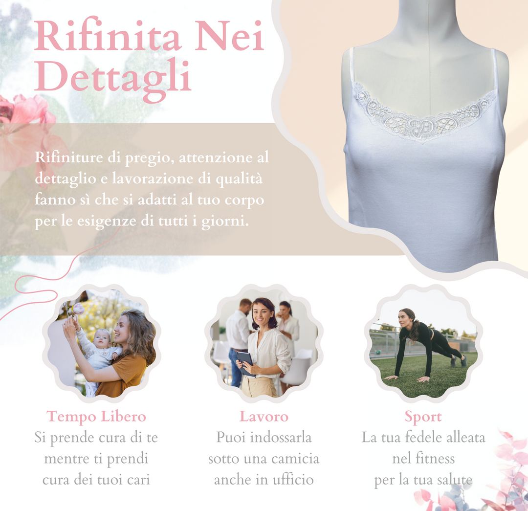 Set 3 Canottiera Intima Donna Spalla Stretta in Pizzo macramè 100% Cotone Pettinato Top Intimo Bianco Canotta Intima Donna Estiva