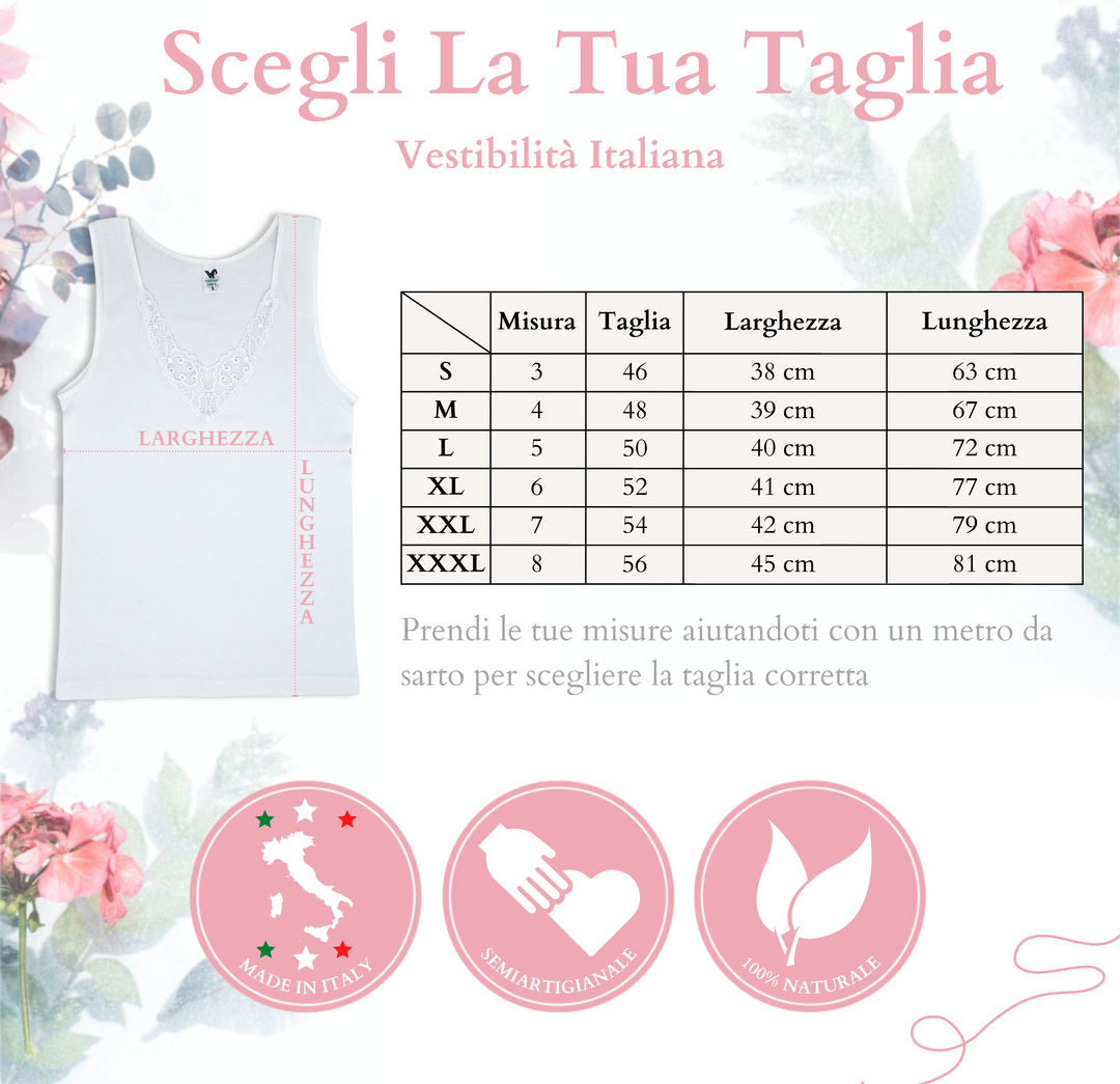 Set 3 Canottiere Intime Donna Made in Italy in Cotone Pettinato 100% con Pizzo Canotta Intima Donna Spalla Larga Canotte Intimo Donna
