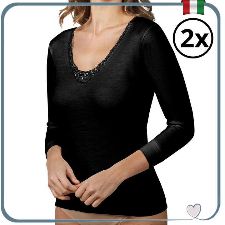 Set 2 Maglie Intime Donna in Misto Lana e Cotone 100% sulla Pelle Manica Lunga con Pizzo