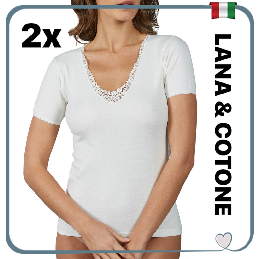 Set 2 Maglie Intime Donna In Misto Lana all'esterno e 100% Cotone all'interno in pizzo