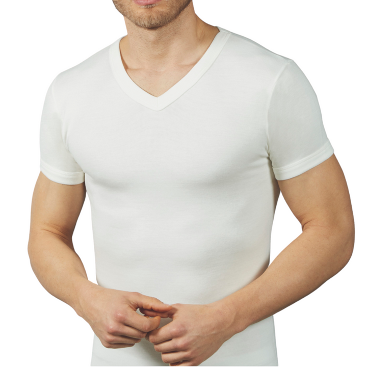 Set 2 Magliette Lana Cotone Uomo Scollo A V, Made in Italy,Maglia Intima Termica, Cotone sulla Pelle, Tshirt Uomo Manica Corta Invernale, Maglietta Termica Bianca, Intimo Termico