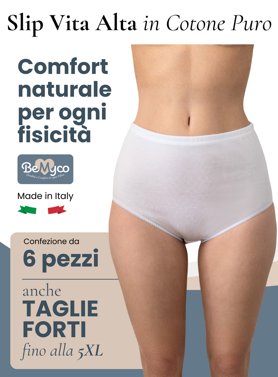 Set 6 Mutande Donna Cotone Vita Alta | Slip Culotte 100% Cotone Puro Antiallergiche Anche Taglie Forti | Intimo Donna Bianco/Nero | Made in Italy