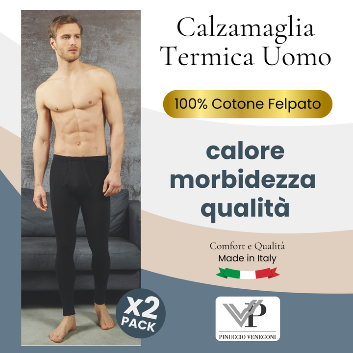 Set 2 Calzamaglia Termica da Uomo Mutande Boxer Gamba Lunga in Caldo Cotone Felpato
