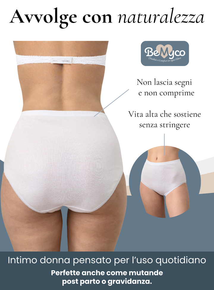 Set 6 Mutande Donna Cotone Vita Alta | Slip Culotte 100% Cotone Puro Antiallergiche Anche Taglie Forti | Intimo Donna Bianco/Nero | Made in Italy
