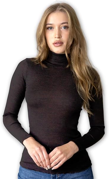 Lupetto Donna Manica Lunga Lana e Seta 85% 15% | Maglia Intima Termica a Costine, Collo Alto Dolcevita, Invernale, Made in Italy
