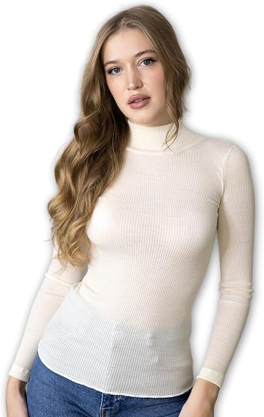 Lupetto Donna Manica Lunga Lana e Seta 85% 15% | Maglia Intima Termica a Costine, Collo Alto Dolcevita, Invernale, Made in Italy