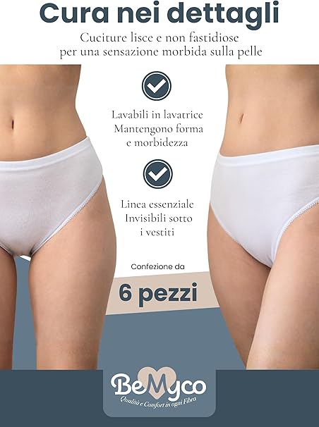 Set 6 Mutande Donna Cotone Vita Media | Slip Culotte 100% Cotone Puro, Antiallergiche | Intimo Donna Bianco/Nero | Made in Italy