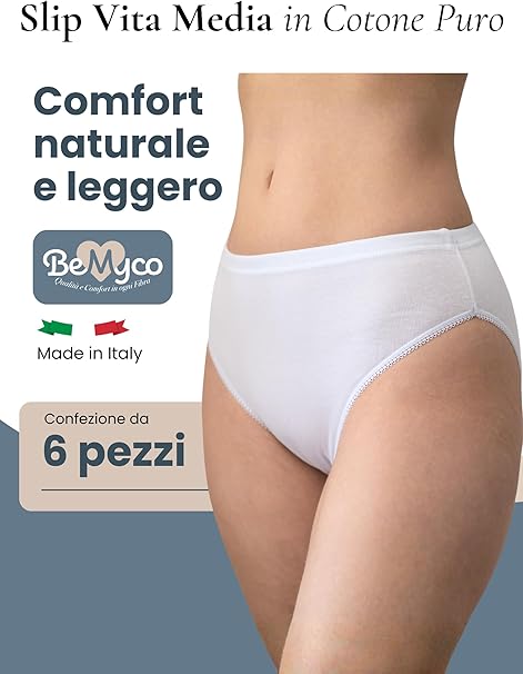 Set 6 Mutande Donna Cotone Vita Media | Slip Culotte 100% Cotone Puro, Antiallergiche | Intimo Donna Bianco/Nero | Made in Italy