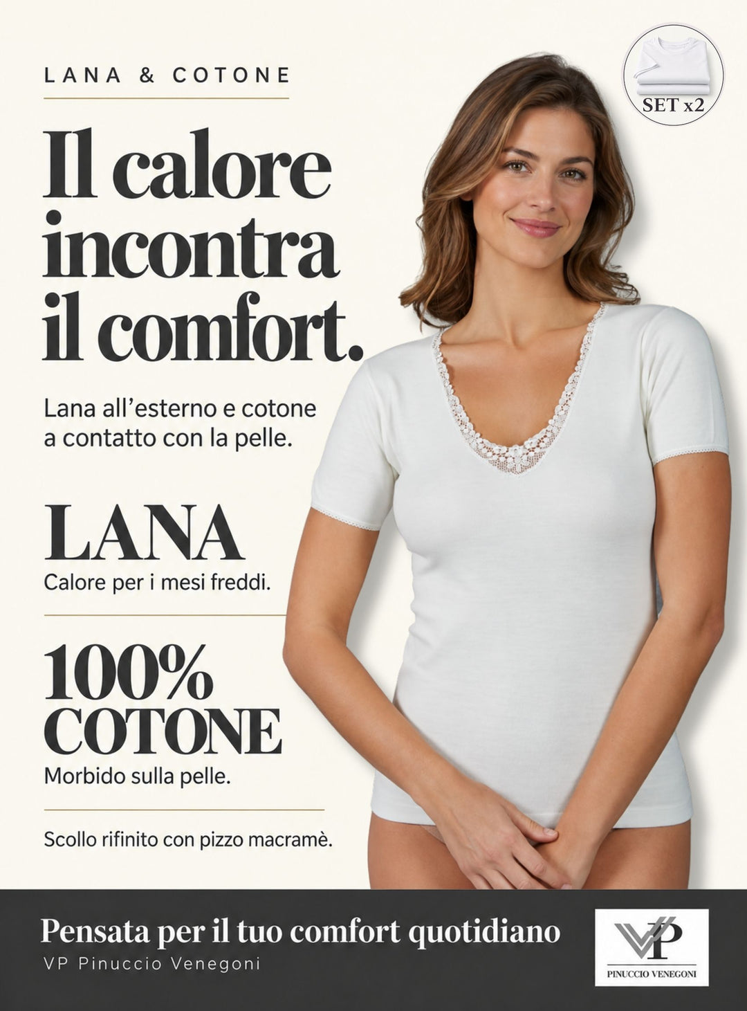 Set 2 Maglie Intime Donna In Misto Lana all'esterno e 100% Cotone all'interno in pizzo