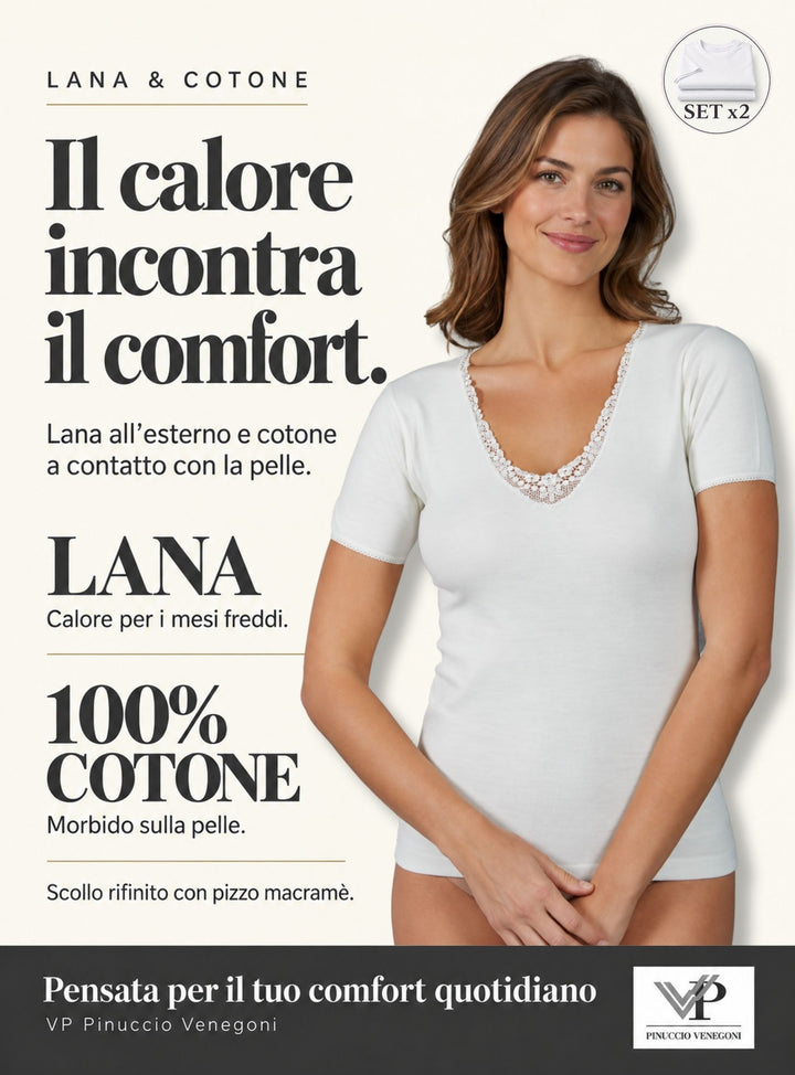 Set 2 Maglie Intime Donna In Misto Lana all'esterno e 100% Cotone all'interno in pizzo