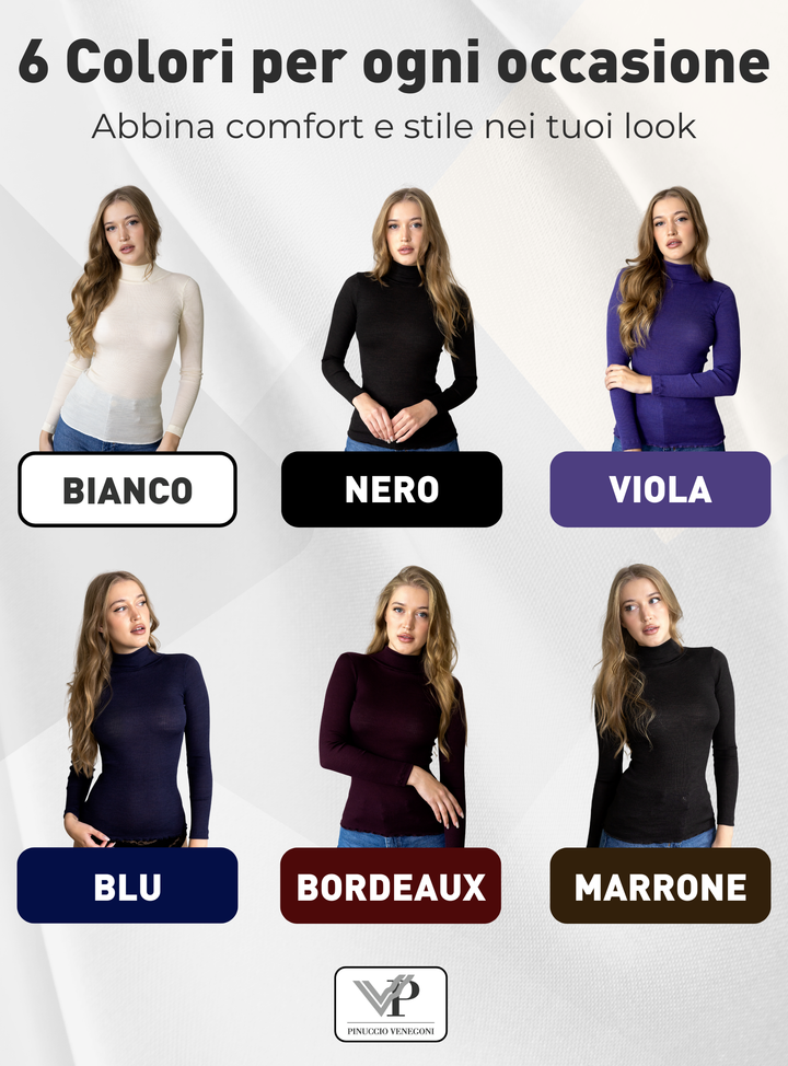 Lupetto Donna Manica Lunga Lana e Seta 85% 15% | Maglia Intima Termica a Costine, Collo Alto Dolcevita, Invernale, Made in Italy