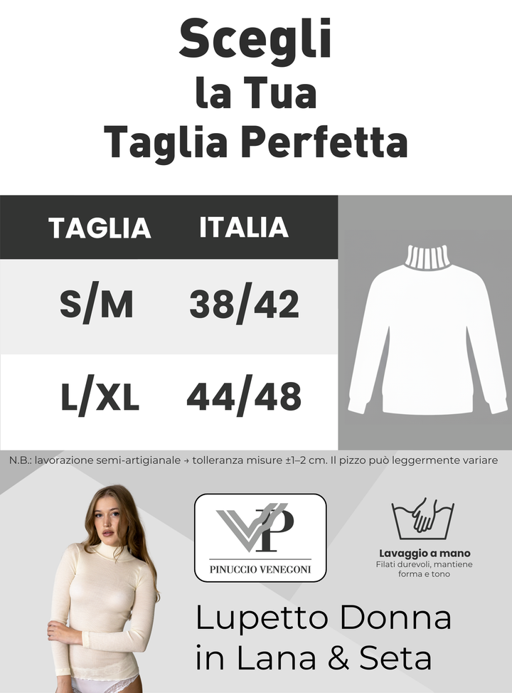 Lupetto Donna Manica Lunga Lana e Seta 85% 15% | Maglia Intima Termica a Costine, Collo Alto Dolcevita, Invernale, Made in Italy