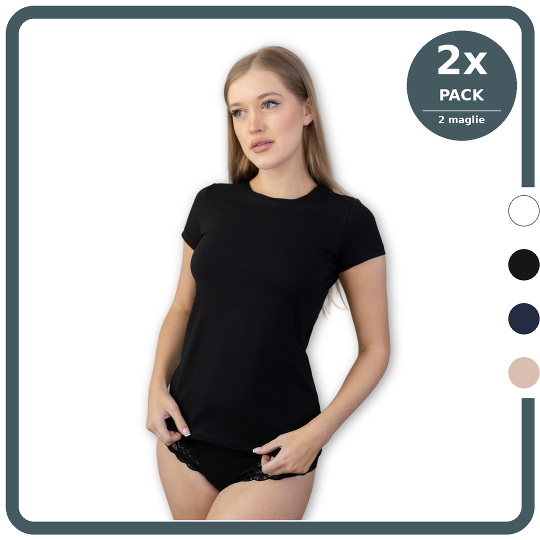 Set 2 Magliette Donna Manica Corta in Cotone Modal Elasticizzato